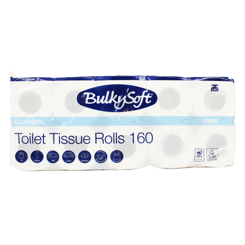 Bulkysoft Carta Igienica Classic White 10 Rotoli 2 Veli 160 Strappi A Rotolo