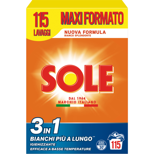 Sole Detersivo Polvere Bucato Lavatrice 3 In 1 Bianco Splendente Fusto 115 Lavaggi