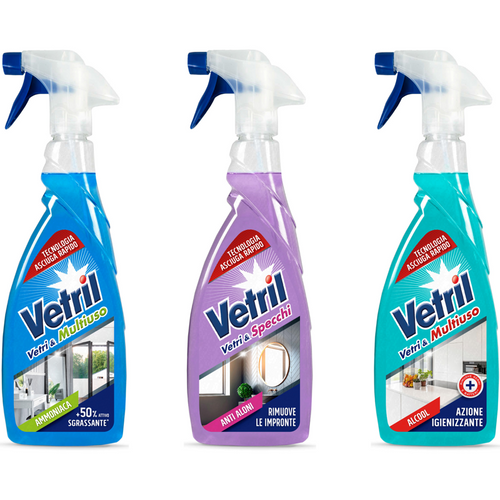 Vetril Vetri & Multiuso Trigger 650 Ml Cassa Mista 12 Pezzi: 6 Vetril Ammoniaca - 3 Vetril Alcool -
