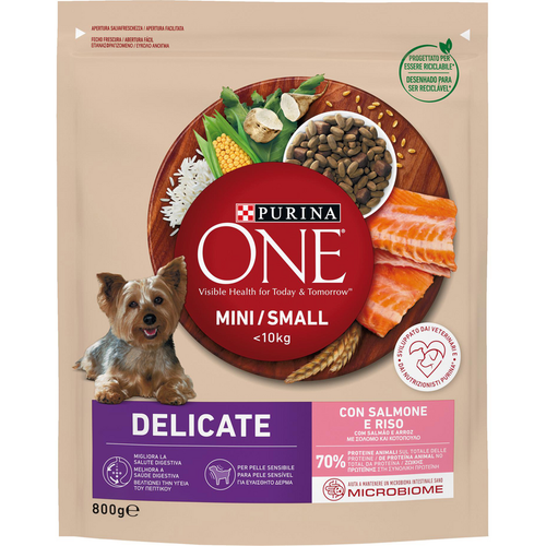 Purina One Dog Mini Smoll <10 Lg Delicate Salmone Con Riso Busta 800 Grammi