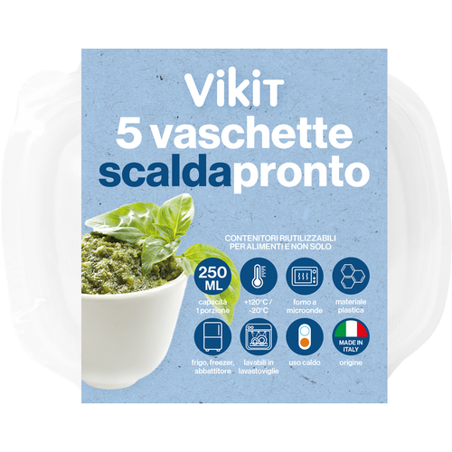 Vikit 5 Vaschette Scaldapronto 1 Porzione, Forno A Microonde, Frigo, Freezer, Abbattitore +120°c -20