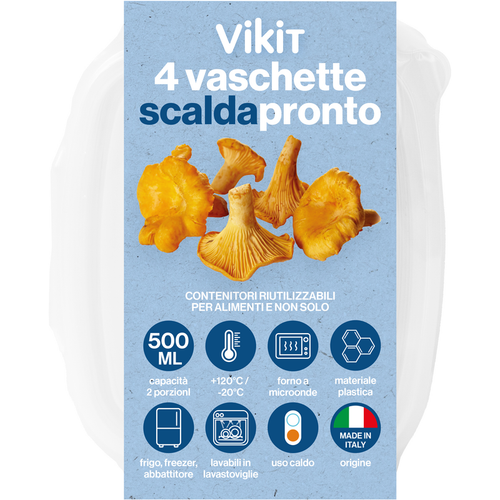 Vikit 4 Vaschette Scaldapronto 2 Porzioni, Forno A Microonde, Frigo, Freezer, Abbattitore +120°c -20