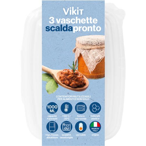 Vikit 3 Vaschette Scaldapronto 4 Porzioni, Forno A Microonde, Frigo, Freezer, Abbattitore +120°c -20