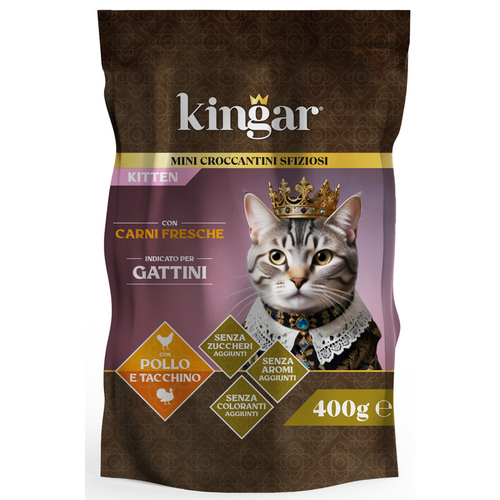 Kingar Cat Gatti Kitten Busta Cibo Secco Pollo Tacchino E Carne Fresca 400 Gr.