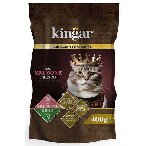 Kingar Cat Gatti Adulti Busta Cibo Secco Salmone Fresco Riso 400 Gr.