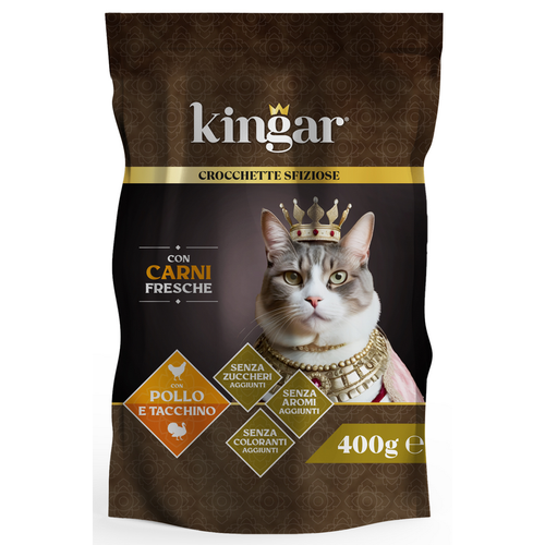 Kingar Cat Gatti Adulti Busta Cibo Secco Pollo Tacchino Fresco 400 Gr.