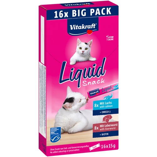 Vitakraft Cat Liquid Snack Multipack 8 Salsicce Di Fegato - 8 Salmone 16 Snack Da 15 Grammi