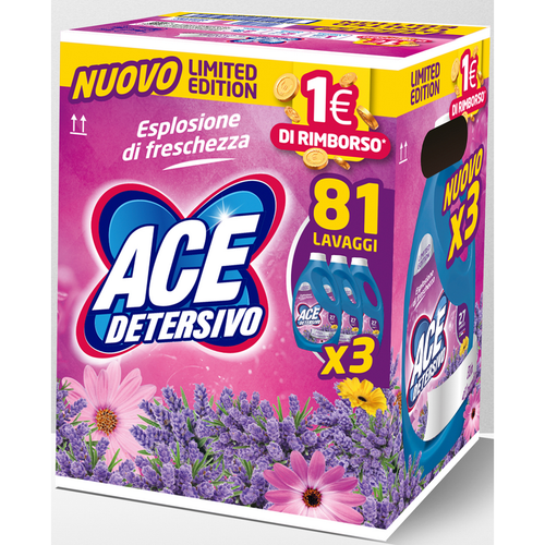 Ace Detersivo Liquido Bucato Lavatrice Profumo Lavanda 3 Pezzi Da 27 Lavaggi