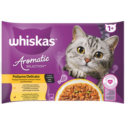 Whiskas Aromatic Selection Pollame Delicato In Salsa 1+ Buste 4x85 Grammi, 2 Buste Con Pollo Succule