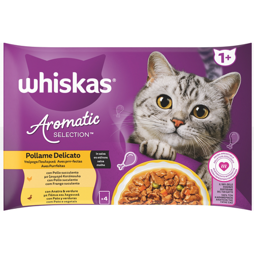 Whiskas Aromatic Selection Pollame Delicato In Salsa 1+ Buste 4x85 Grammi, 2 Buste Con Pollo Succule