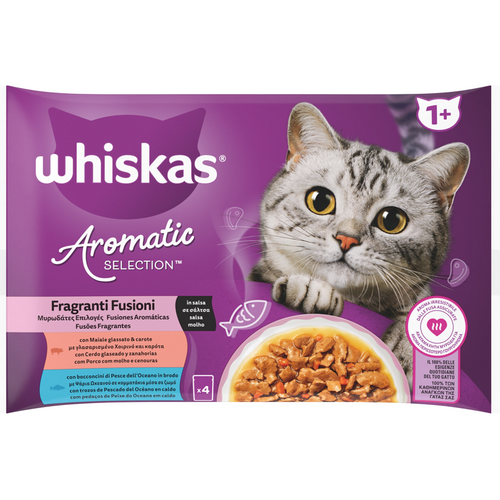 Whiskas Aromatic Selection Fragranti Fusioni In Salsa 1+ Buste 4x85 Grammi, 2 Buste Con Maiale Glass