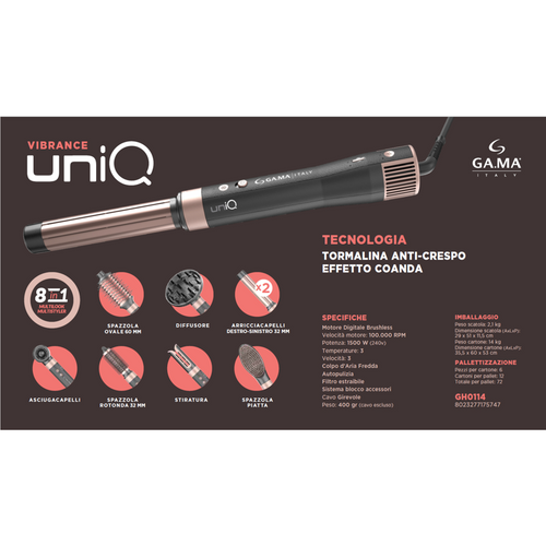 Gama Phon Uniq Vibrance 8in1 Asciugacapelli, Spazzola Rotonda, Spazzola Ovale, Spazzola Piatta, Diff…