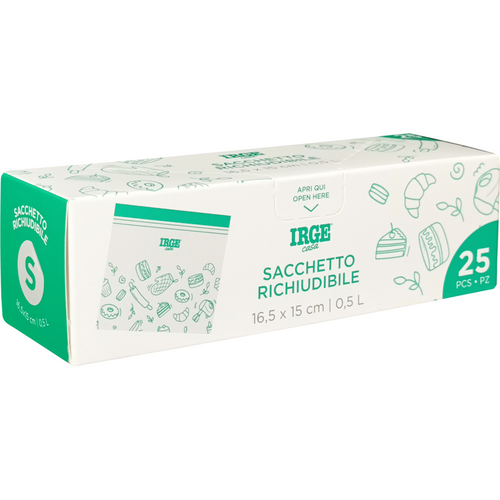 Irge Casa Busta Alimentare Richiudibile Con Zip 25 Pezzi 16,5x15 0,5 Litri