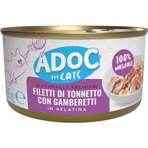 Adoc Cats Filetti Di Tonnetto Con Gamberetti In Gelatina 100% Naturale Lattina 85 Grammi