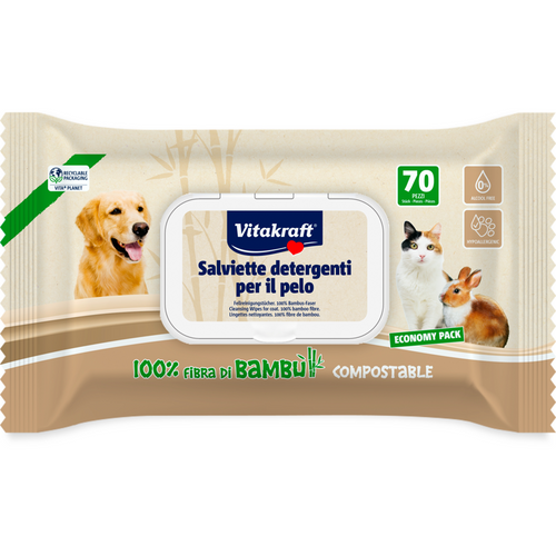 Vitakraft Salviette Detergenti Animali In Fibra Di Bambù Compostabili 70 Pezzi