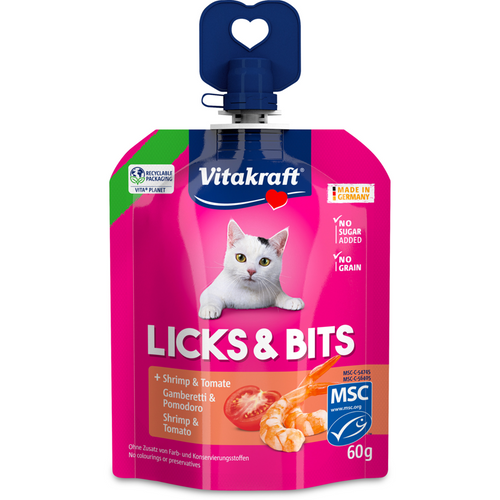 Vitakraft Licks & Bits Snack Cremoso Per Gatti Con Gamberetti E Pomodoro 60 Grammi