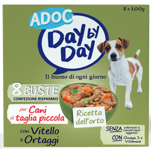 Adoc Day By Day Dog Per Cani Di Taglia Piccola Con Vitello E Ortaggi Buste 8x100 Grammi