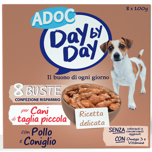 Adoc Day By Day Dog Per Cani Di Taglia Piccola Con Pollo E Coniglio Buste 8x100 Grammi